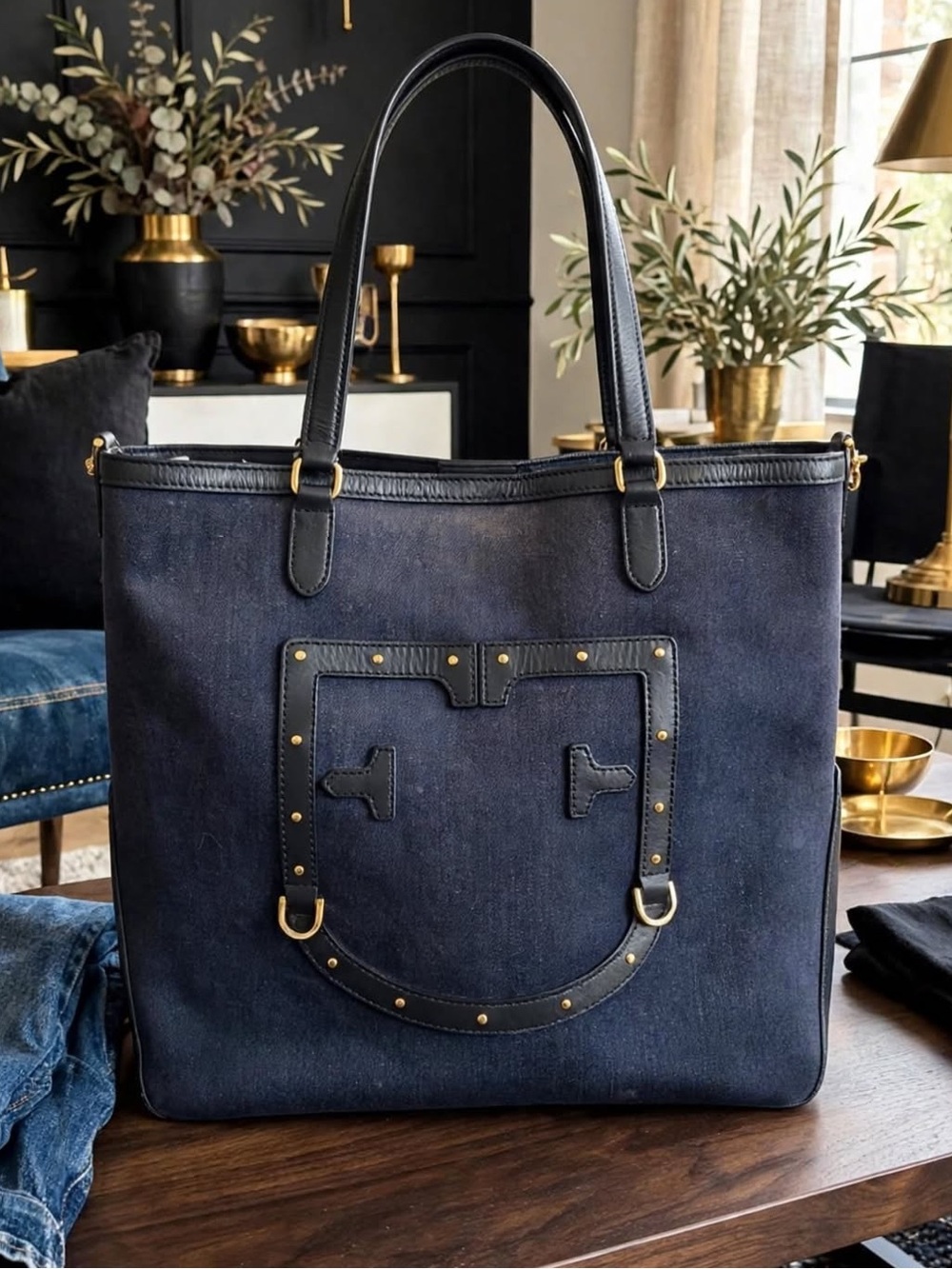 Furla Navy Blue Canvas Shoulder Bag with Black Trim and Gold Hardware